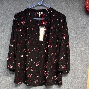 Elle Black and Pink purple mid sleeve Floral v neck Blouse shirt S